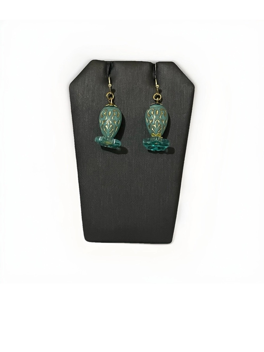 Artisan Handmade Aqua Teal Bead Boho Earrings Gold Filigree Etched Floral - Picture 3 of 3